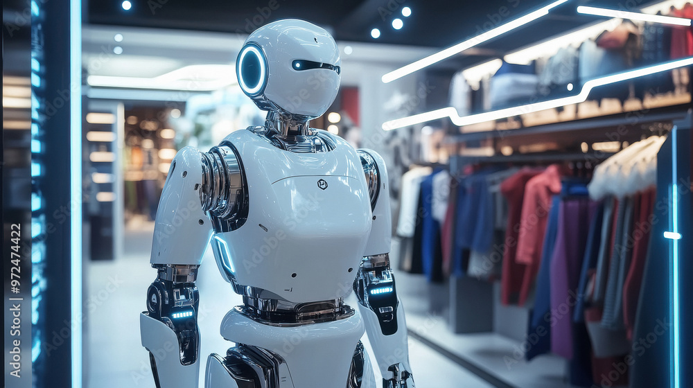 humanoid robot standing at clothe store humanoid robot standing at clothe store