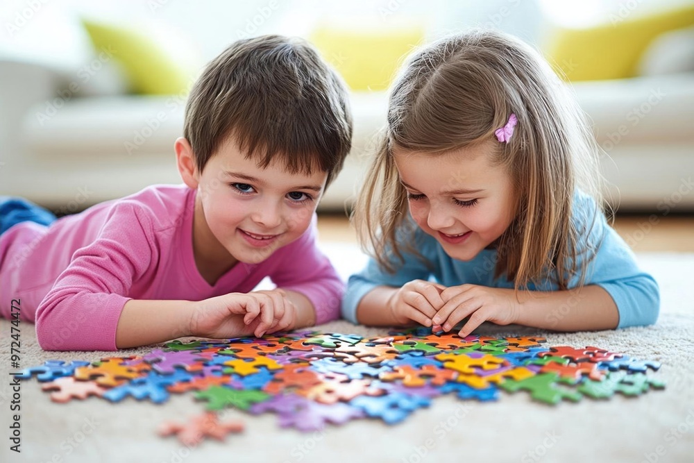Two children are lying on the floor and putting together a colorful jigsaw puzzle. Two children are lying on the floor and putting together a colorful jigsaw puzzle.