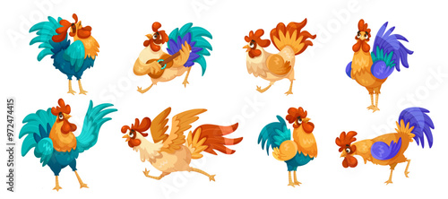 A set of cartoon roosters in different poses, including playing guitar and flying, on a white background. Concept of farm animals, humor, and animation. Vector illustration
