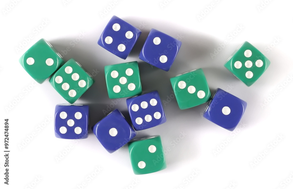 Blue and green gambling dices, macro isolated on white background, top view Blue and green gambling dices, macro isolated on white background, top view