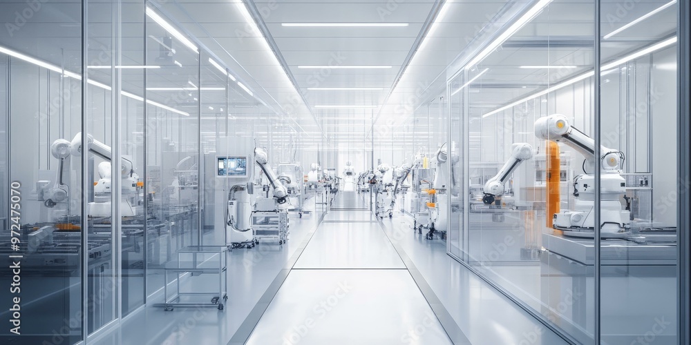 Automated factory with robotic arms and glass walls. Automated factory with robotic arms and glass walls.