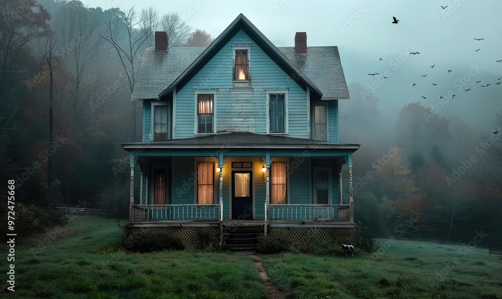Eerie Haunted House with Victorian Mansion, Crows, and Fog – Digital Painting of a Mysterious Atmosphere Eerie Haunted House with Victorian Mansion, Crows, and Fog – Digital Painting of a Mysterious Atmosphere