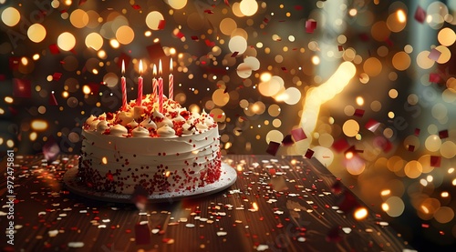A beautiful birthday cake with candles, surrounded by falling confetti and bokeh lights in the background