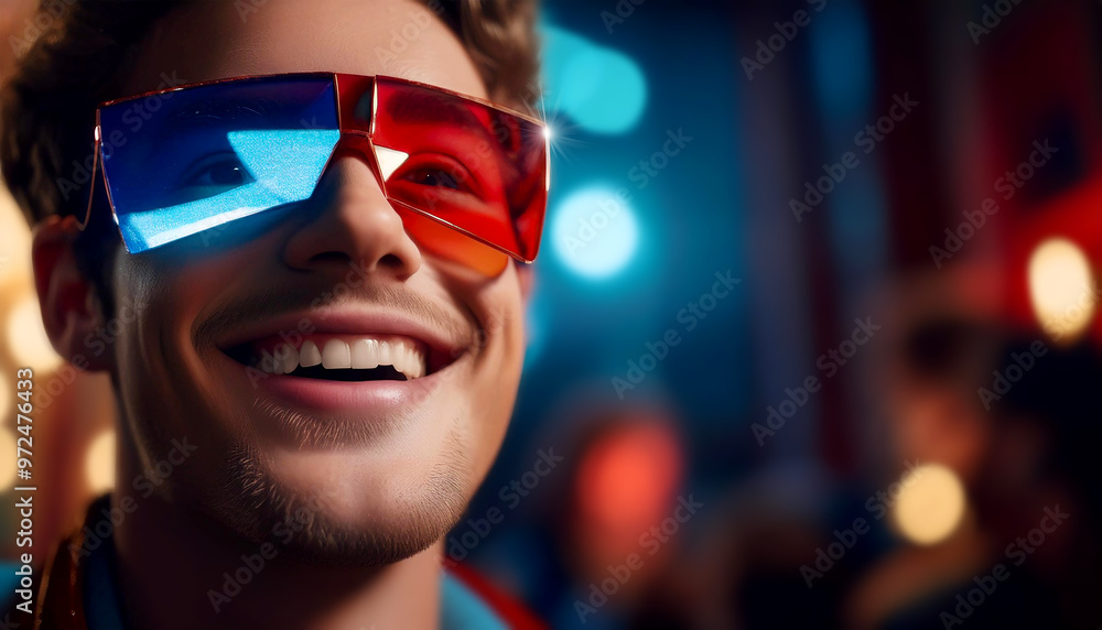 Extreme close-up and portrait of a smiling and happy young man wearing red and blue 3D cinema glasses, spectator in a movie theater watching a three-dimensional film. Generative Ai. Extreme close-up and portrait of a smiling and happy young man wearing red and blue 3D cinema glasses, spectator in a movie theater watching a three-dimensional film. Generative Ai.