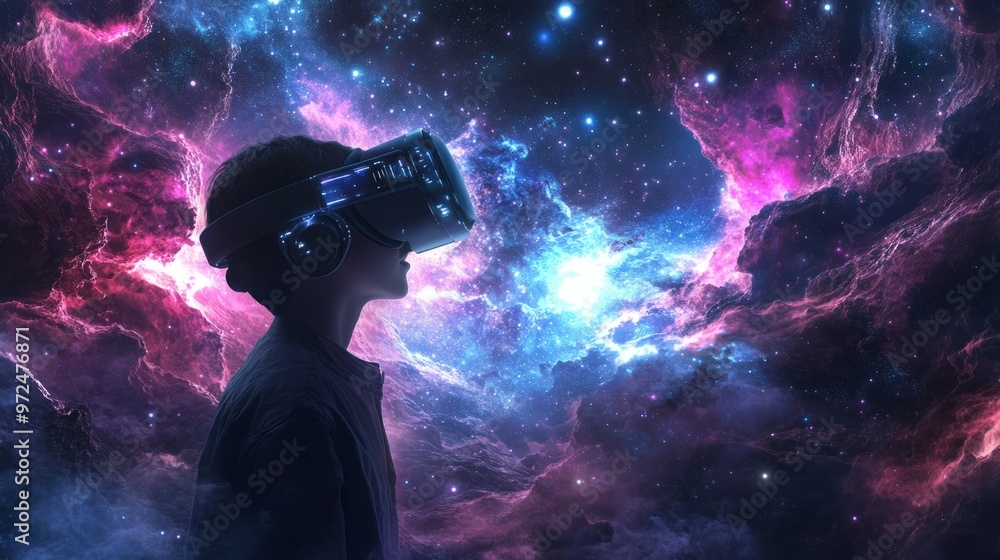 Young person wearing VR headset, looking at a starry sky with a nebula. Young person wearing VR headset, looking at a starry sky with a nebula.