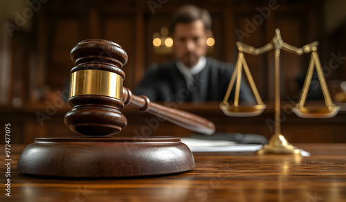 “A Gavel and Court Documents on a Table with a Lawyer in the Background, Signifying Legal Proceedings and Professionalism” 