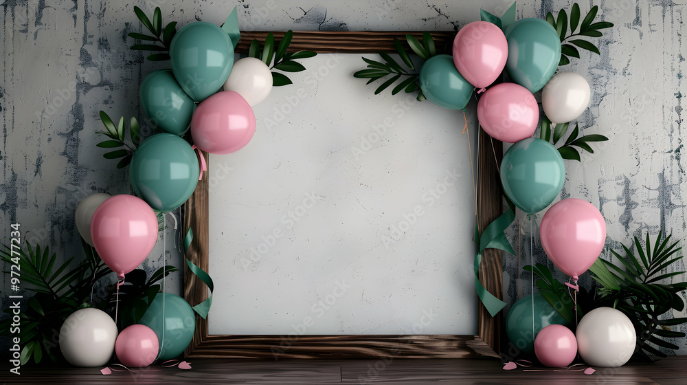 Fotografie Wooden Frame With Flags And Balloon