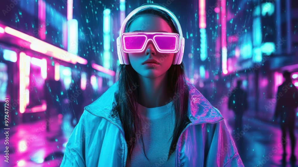 Retro-Futuristic Neon Street Fashion in Vibrant Cyberpunk Cityscape Retro-Futuristic Neon Street Fashion in Vibrant Cyberpunk Cityscape