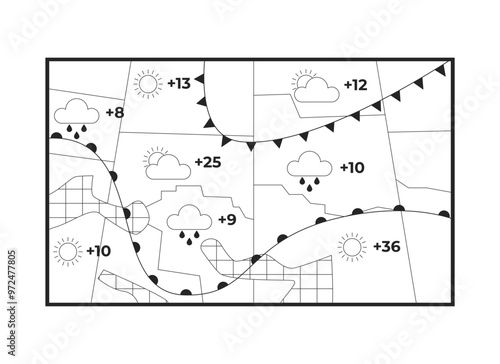Forecast weather map black and white 2D line object. Meteorology predicting precipitation, temperature. Report weather conditions isolated clip art vector outline item. Monochromatic spot illustration