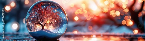 Snow globe with a festive scene, magical and nostalgic, Holiday, Cool tones, Photograph, Seasonal charm photo