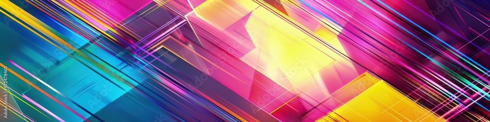 Fototapeta premium A futuristic layered abstract background showcasing overlapping neon geometric patterns in bright magenta, cyan, and yellow, creating a dynamic and striking aesthetic.