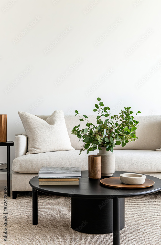 A black coffee table with books and greenery sits in front of the sofa, which is placed against an empty white wall. The room features beige carpeting on the floor and wooden side tables. A black coffee table with books and greenery sits in front of the sofa, which is placed against an empty white wall. The room features beige carpeting on the floor and wooden side tables.