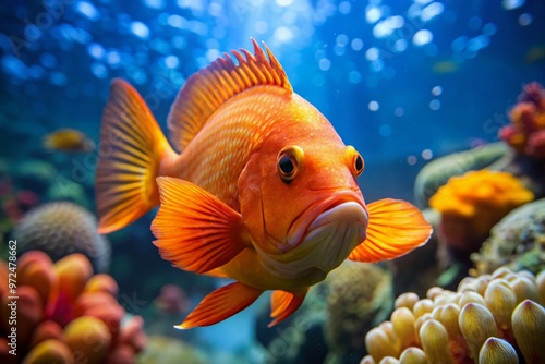 A vibrant orange fish with an unusually large, bulbous forehead swims in front of a coral reef, its photo