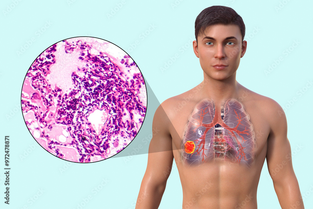 Naklejka premium A man with lung cancer, 3D illustration and micrograph