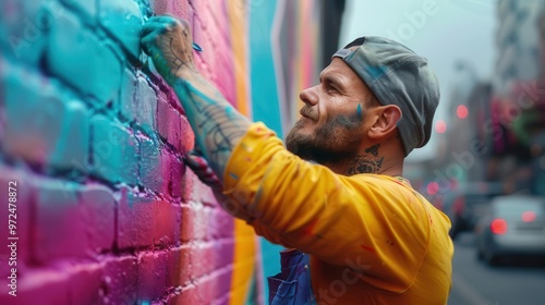 Street artist painting a mural, dynamic and creative, Urban, Bright hues, Photograph, Public art