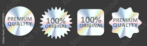 Set of realistic holographic stickers, quality emblems and labels. Vector tags.