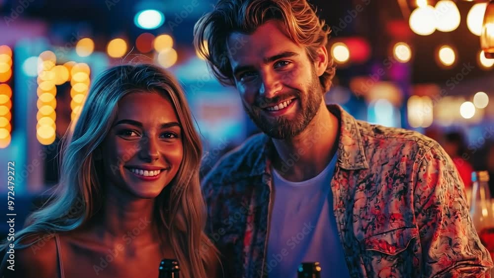 In a nightclub, a young, fashionable man and his girlfriend are having a party while conversing and standing by the bar counter with bottles of beer. In a nightclub, a young, fashionable man and his girlfriend are having a party while conversing and standing by the bar counter with bottles of beer.