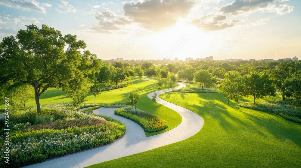 An overhead view of a vibrant city park with winding walking paths, colorful flowerbeds, and families enjoying the sunshine, creating a lively and joyful atmosphere An overhead view of a vibrant city park with winding walking paths, colorful flowerbeds, and families enjoying the sunshine, creating a lively and joyful atmosphere