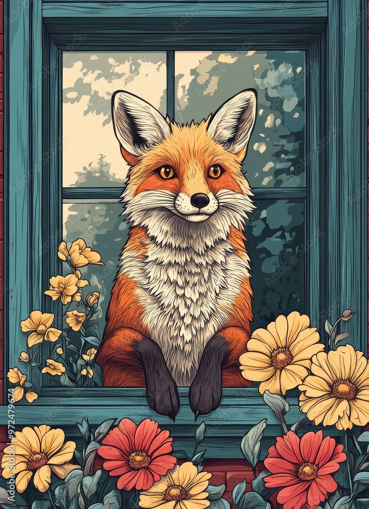 Fototapeta premium Charming Fox Peeking Through Window with Colorful Flowers in a Vibrant Nature Setting