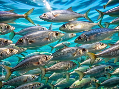 A vibrant school of silver pencil fish swim together in unison, their slender bodies glistening in the sunlight photo