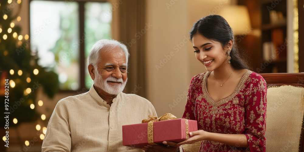 young indian woman giving gift box to father young indian woman giving gift box to father
