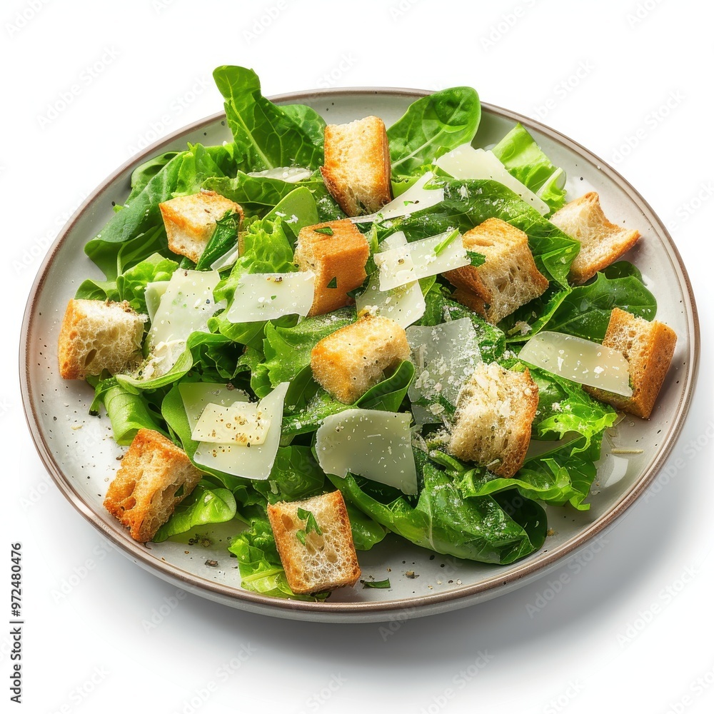 Fresh Caesar salad with crispy croutons, romaine lettuce, parmesan cheese, and creamy dressing on plate, Ai Generation Fresh Caesar salad with crispy croutons, romaine lettuce, parmesan cheese, and creamy dressing on plate, Ai Generation