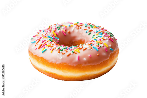 Delicious donut with pink icing and colorful sprinkles, perfect for dessert lovers and sweet treats.