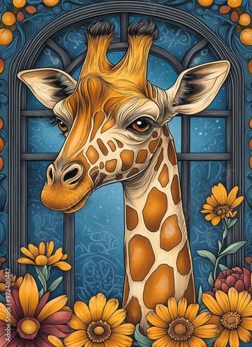 Wallpaper Mural Whimsical Giraffe Portrait with Vibrant Flowers and Ornate Window Background in Artistic Style Torontodigital.ca
