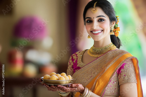 young indian woman holding laddu plate photo