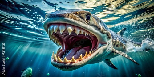 A vivid close-up of a colorful aquatic creature's gaping mouth, showcasing its sharp teeth and translucent scales, photo