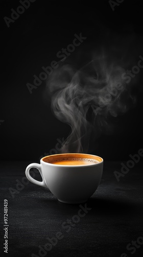 A white cup of hot coffee with visible steam rising against a dark background, showcasing warmth and simplicity, perfect for cozy, minimal themes.