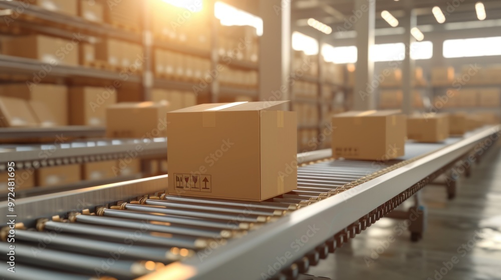 Cardboard boxes on conveyor rollers ready to be shipped by courier for distribution Cardboard boxes on conveyor rollers ready to be shipped by courier for distribution