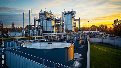 Biogas station infrastructure, displaying sharp images of processing tanks, pipelines, and a control room, with a clear industrial background photo