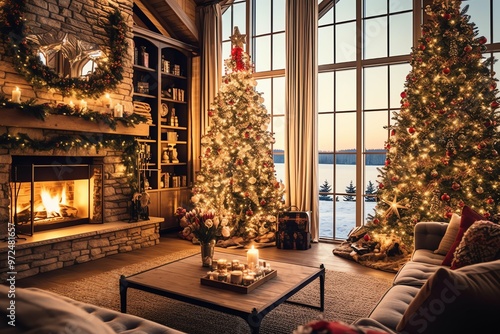 Cosy living room with christmas tree and red gifts in modern interior. Merry christmas background