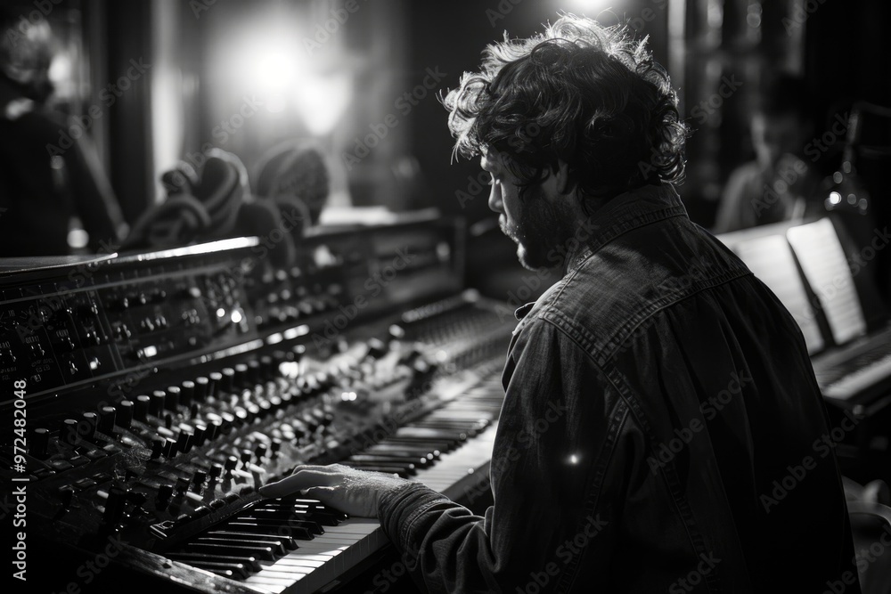 Fototapeta premium Moody Musician Playing Synthesizer in Studio Setting