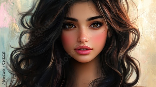 A beautiful Persian woman with dark brown hair cascading in waves, her soft pink blush