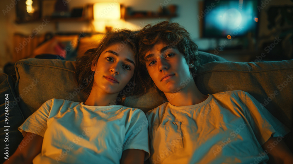 Fototapeta premium Young couple lying on a couch watching TV, surrounded by warm ambient light.