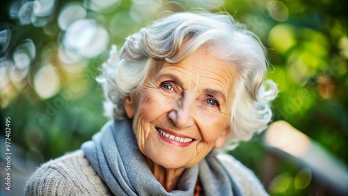 A warm-smiling, silver-haired elderly woman with a gentle, loving expression and soft features exudes kindness, warmth,