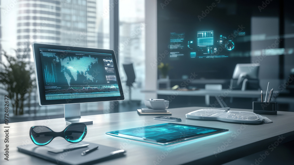 Naklejka premium Futuristic Office Workspace with Advanced Data Display