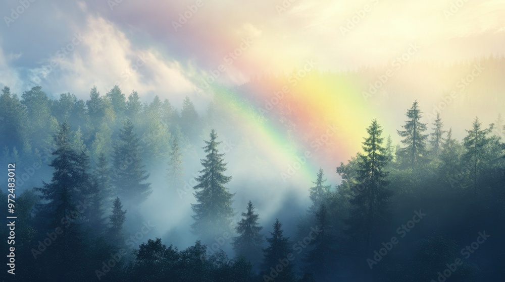 A rainbow appearing above a misty forest after a light rain, with tall trees and soft sunlight filtering through the clouds A rainbow appearing above a misty forest after a light rain, with tall trees and soft sunlight filtering through the clouds
