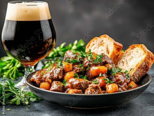 A hearty beef stew with fresh herbs, served with bread and a glass of dark beer.