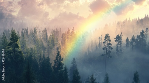 A rainbow appearing above a misty forest after a light rain, with tall trees and soft sunlight filtering through the clouds