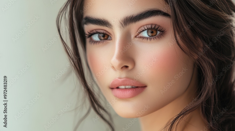 A beautiful Persian woman with dark brown hair and soft pink blush, her gaze warm and A beautiful Persian woman with dark brown hair and soft pink blush, her gaze warm and