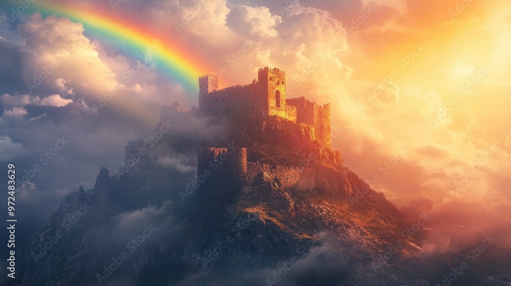 A rainbow arching above a castle on a hilltop, with dramatic clouds and sunlight illuminating the ancient stone walls A rainbow arching above a castle on a hilltop, with dramatic clouds and sunlight illuminating the ancient stone walls