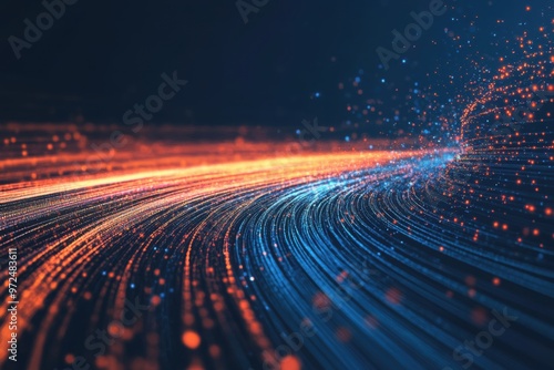 Futuristic digital technology concept with dynamic blue and orange light streams