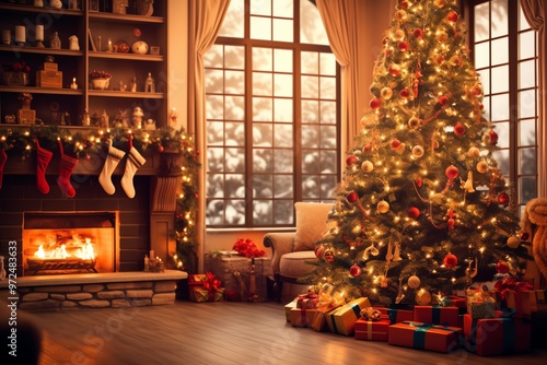 Cosy living room with christmas tree and red gifts in modern interior. Merry christmas background