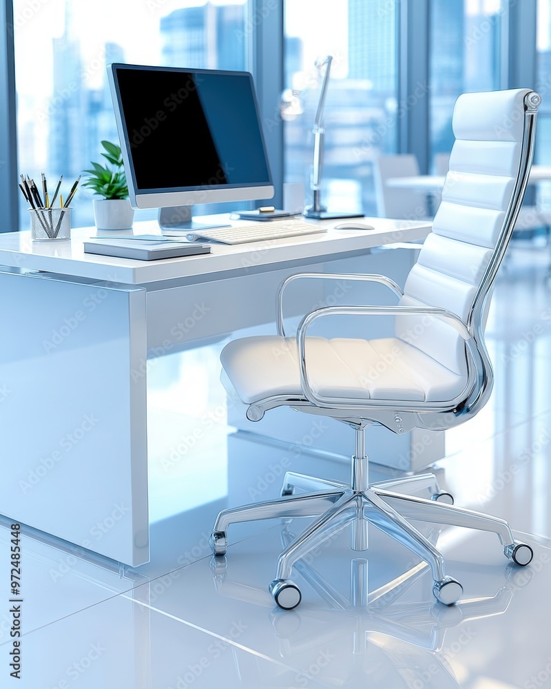 Modern Office Desk with Computer and Chair Modern Office Desk with Computer and Chair