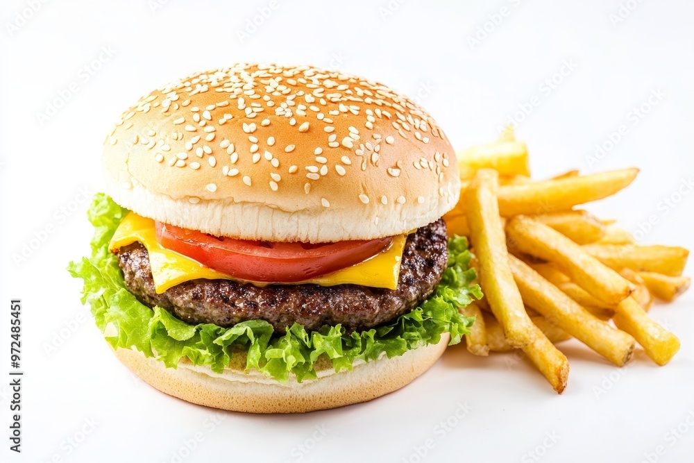 Burger with Fries Against Bright White Background Generative AI Burger with Fries Against Bright White Background Generative AI