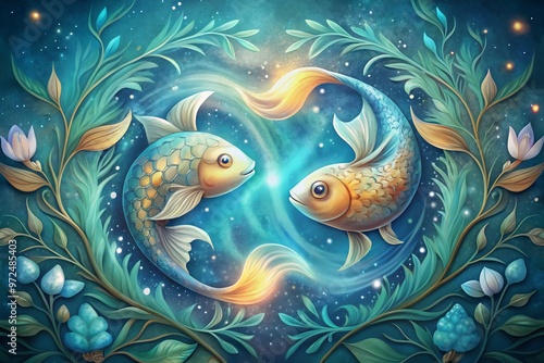 A whimsical illustration of a Pisces zodiac sign symbol, featuring two interconnected fish swimming in opposite