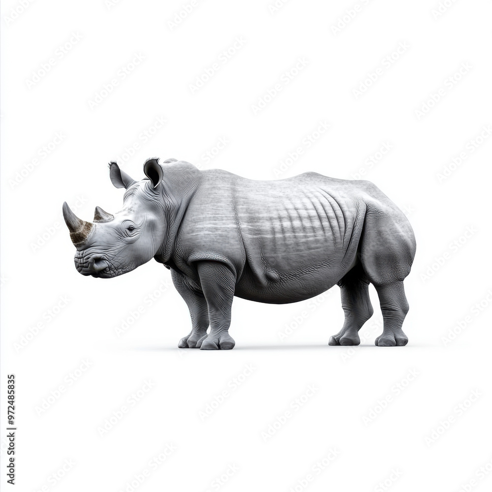 Fototapeta premium A detailed side view of a white rhinoceros standing isolated against a white background, showcasing its large horn and textured skin.